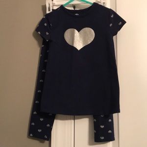 2 piece set, navy with silver sparkly hearts